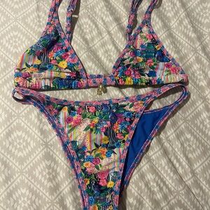 Pink and Blue Tropical Print Bikini with Adjustable Straps